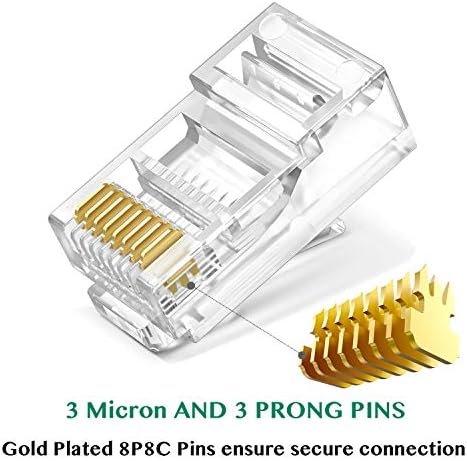 RJ45 CAT6 Pass Through Connectors 100 Pack - Easy and Fast Termination - Gold Plated 3 Prong 8P8C Modular Ethernet UTP Network Cable Plug End for ...