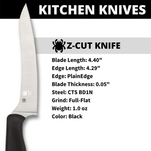 Spyderco Z-Cut Kitchen Knife with 4.4" Pointed Tip CTS BD1N Stainless Steel Blade and Durable Black Polypropylene Handle - PlainEdge - K14PBK...