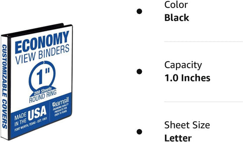 Samsill Economy 1 Inch 3 Ring Binder, Made in The USA, Round Ring Binder, Customizable Clear View Cover, Black, (18530)...
