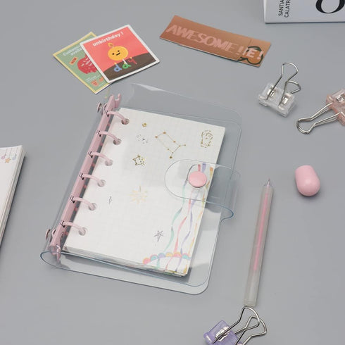 A7 Binder Cover Clear Pink A7 Binder Wallets 6 Ring Planner Binders Pockets Size Budget Binder Cover with Snap Button Closure for Loose-Leaf Folde...