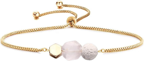 Essential Oil Diffuser Bracelet, Lava and Rose Quartz Essential Oil Bracelet, Rose Quartz Gemstone Bracelet, Adjustable Gold Bracelet...