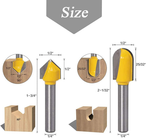 Mesee 6Pcs Carbide 90 Degree V Groove Router Bit Set Core Cove Box Round Nose V Grooving Router Bits V-Groove Router Bit Woodworking Cutter Tool f...
