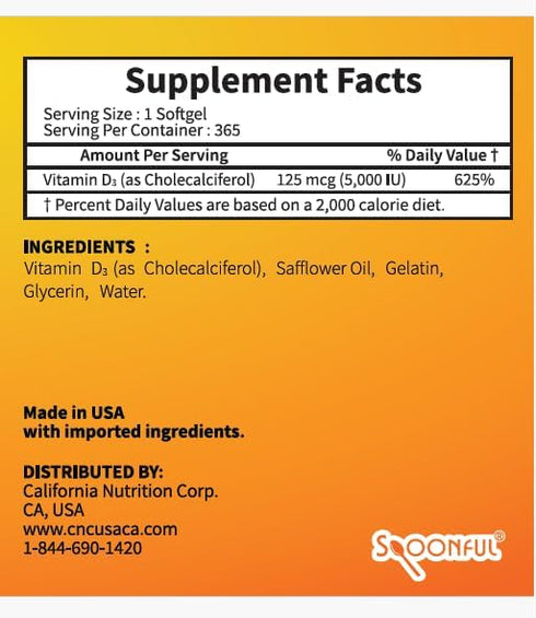 Spoonful Vitamin D3, 5000 IU/125mcg, 1-Year Supply 365 Softgel Capsules, Bone Health and Immune System Support, Made in USA...