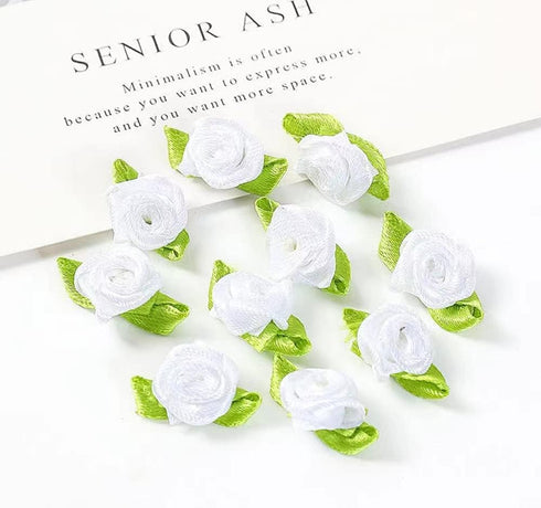 Mini Ribbon Roses, 100Pcs Artificial Fabric Flowers with Green Leaves White Rosettes Mini Ribbon Roses for Crafts Sewing DIY Craft Decoration Wedd...