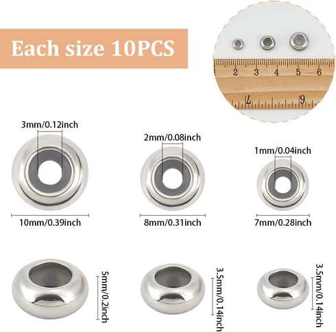 PH PandaHall 304 Stainless Steel Slider Beads 30pcs Stopper Bead 7mm 8mm 10mm Adjustable Slider Metal Loose Beads with Rubber Inside for Bracelet ...