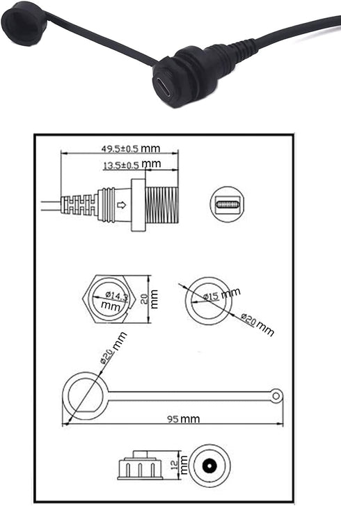 USB Type C Mount, 0.3 Meter USB C Male to Female Flush Mount Panel Mount Extension AUX Cable for Car Truck Boat Motorcycle Dashboard, Sync Chargin...