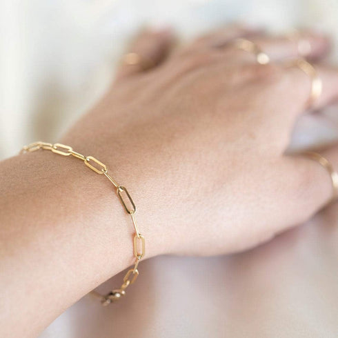 14K Gold Filled Stainless Steel Paperclip Chain Bracelet for Women, 7.5” Rectangle Link Bracelets, Waterproof and Never Tarnish...