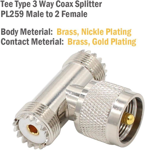 PL259 T Connector Adapter Male to Female, UHF 1 Male to 2 Female, SO239 Male to SO239 Female Tee Coaxial Cable Splitter for Ham Radio CB Antenna...
