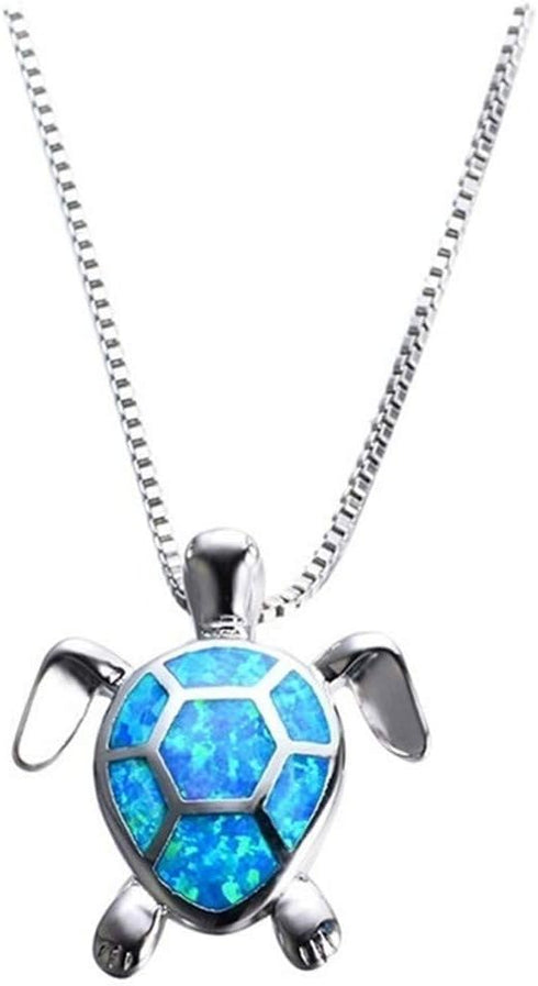 Cute Turtle Pendant Necklace Lovely Animals White Created Fire Opal Silver Chain Necklace Jewellery Gifts (Blue)...