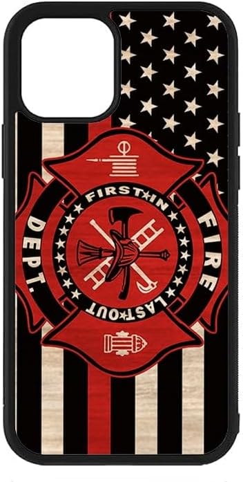 Wood Fireman American Flag Thin Red Line US Firefighter Case - Compatible with iPhone 14 Plus - Durable Non-Slip TPU Rubber Shockproof Slim Case (...