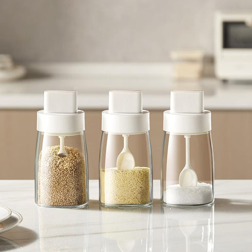 Kitchen Sodium Calcium Glass Spice Jars Seasonning Box Set of 3, Condiment Pots Spice Jars, Retractable Spoon and Lid Combination Design, Airtight...
