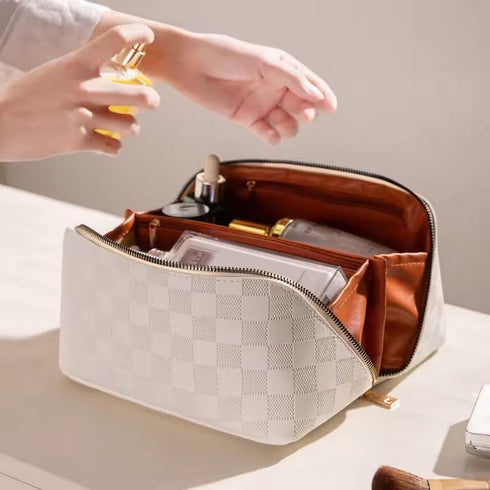 Large Capacity Travel Cosmetic Bag, Makeup Organizer Bag for Women, Portable Checkered Makeup Bags | PU Leather waterproof Skincare Bag with handl...