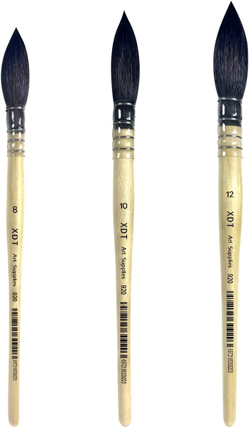 XDT#920 Round Watercolor Artist Paint Brush 3 Piece Set Medium Soft Black Goat Hair Long Handle #8#10#12, Mop Style Paint Brush for Watercolor & A...