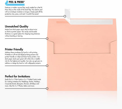 LUXPaper A7 Invitation Envelopes | Peel & Press | 5 1/4" x 7 1/4" | Blush Pink | 80lb. Text | 50 Qty...