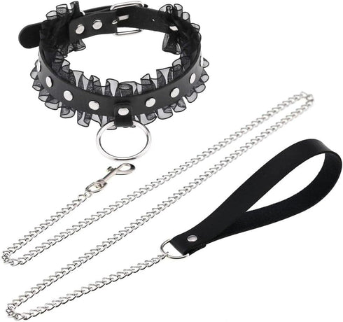 Multicolor PU Simulated Leather Silvert-Tone Rivets O Ring Lace Collar Choker Necklace with Detachable Chain Leash...