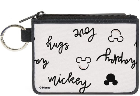 Disney Wallet, Coin Purse, Mickey and Minnie Mouse Icons and Script Doodles White Black, Canvas...