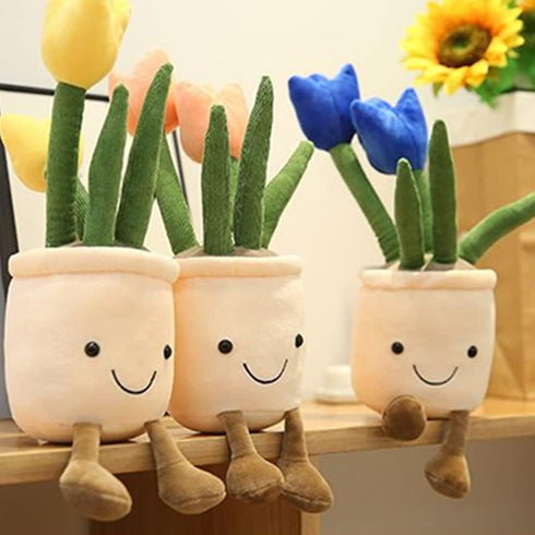 WUZHOU Tulip Plush Toy, 13.7" Flower Pot Stuffed Plushie Pillow Decoration, Soft Fluffy Toy Succulent Plants Friend Throw Pillow, Multicolor (Blue...