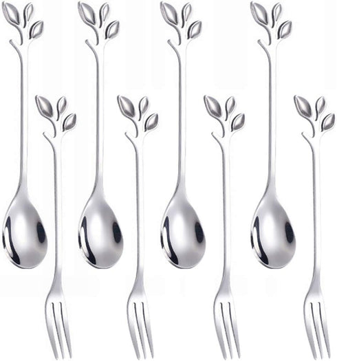 AnSaw 8-Piece Silver 4.7" Leaf Handle Mini Spoons & Forks - Perfect for Coffee, Desserts, Tea, Appetizers | Elegant Stainless Steel Cutlery Set fo...