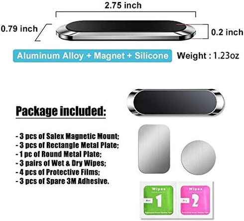 SALEX Black Magnetic Mounts 3 Pack. Flat Cell Phone Holder for Car Dashboard, Wall, Fridge. Stick on Universal Kit Compatible with GPS, Tablets, S...