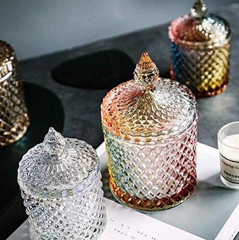1PCS 300ml/10oz Empty Cylindrical Diamond Crystal Glass Candy Dish Bowl Jars Pots Cans Sample Packing Dispenser Container Storage with Caps for Sn...