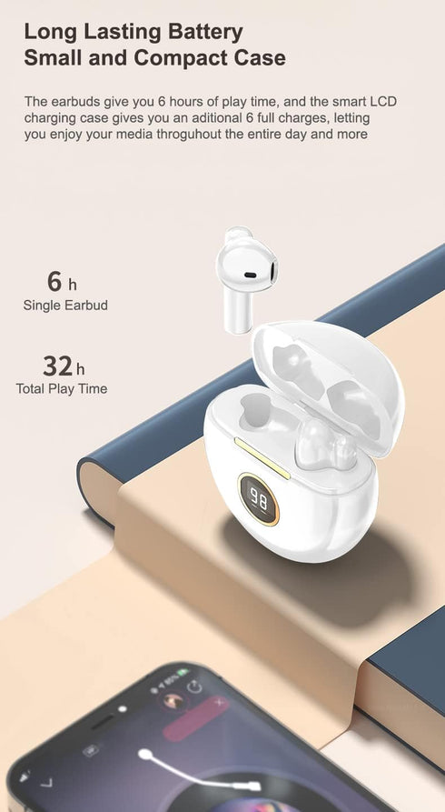 in-Ear Wireless Bluetooth 5.1 Headphones, Earbuds IPX7 Waterproof with Microphone Rechargeable USB C Case with Round LCD Display for Smartphones A...