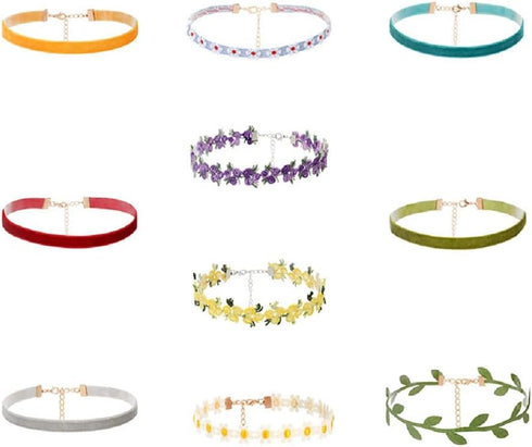 Fuqimanman2020 9pcs Colorful Daisy Flower Lace Choker Necklace Collar Set Floral Green Leaf Velvet Adjustable for Women Gothic Boho Classic Multic...