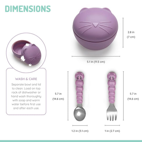 melii Silicone Bowl with Lid & Utensils – spoon and fork for Baby, Toddlers and Kids, BPA Free, Dishwasher & Microwave Safe (Cat)...