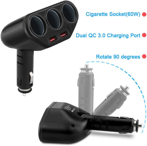 Rocketek 3-Socket 2-Port USB Quick Charge 3.0 Car Charger Splitter Adapter,120W 12V/24V DC Outlet Multi Socket Car Cigarette Lighter Splitter QC3....