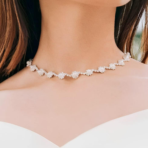 Wedding Brides Necklace Earrings Set Sliver Pearl Necklaces Bride Rhinestones Jewelry Set Crystal Choker Necklace Bridal Accessories for women...