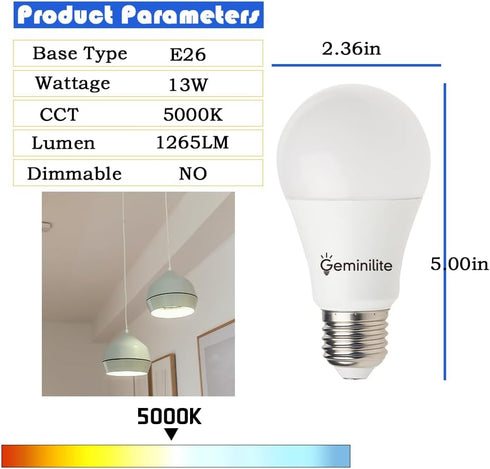 A19 LED Light Bulbs 100 Watt Equivalent, E26 LED Daylight White 5000K 13W Super Bright 1265 Lumen E26 Standard Medium Base Non-Dimmable, Bright Li...