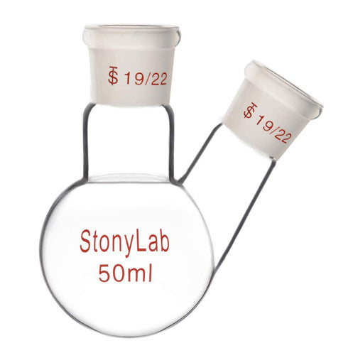 StonyLab Glass 50ml Heavy Wall 2 Neck Round Bottom Flask RBF, with 19/22 Center and Side Standard Taper Outer Joint - 50mL...