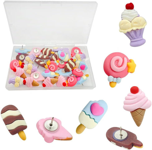 25 pcs Ice Cream Push Pins Cute Decorative Thumbtacks Resin Drawing Pin Cork Board Thumbtacks for Bulletin Board Photos Wall Pins Home Office Supp...