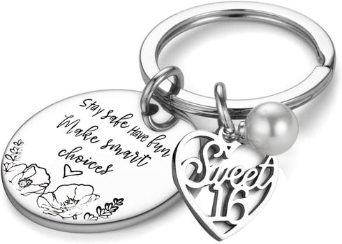 FAMOORE Stay Safe Have Fun Make Good Choices Sweet 16 Years Old Girl Gifts for Birthday, 16th teenage Drivers Keyring, New Driver or Graduation Ke...
