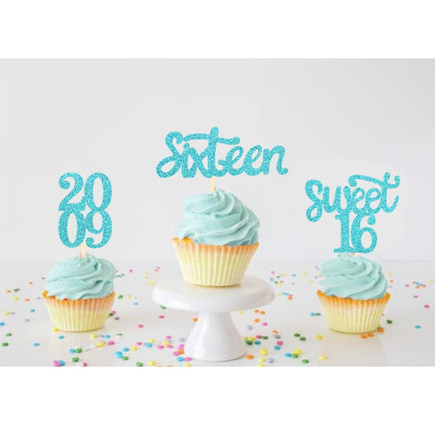 24 Pcs Sweet 16 Blue Glitter Birthday Cupcake Toppers for 16th Birthday Celebrating Party Decorations (Blue)...