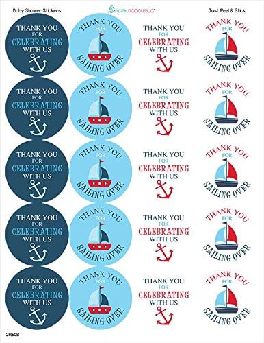 1.9 Inch Thank You Stickers Baby Shower Favor Nautical Boy 60 Labels Navy Blue Red...