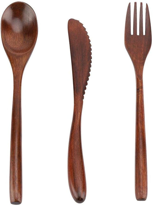 3Pcs Wooden Spoon Fork Knife Cutlery Set, Japanese Reusable Wooden Bamboo Cutlery Set...