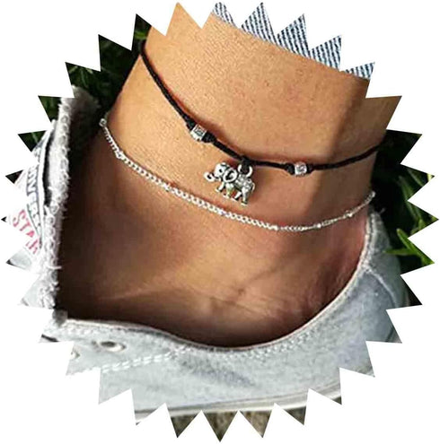 Vintage Layered Elephant Ankle Bracelet Silver Elephant Dangle Anklets Black Rope Chain Ankle Bracelet Black Wax Rope Ankle Bracelet Summer Foot C...