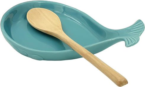 Ceramic Spoon Rest for Kitchen with Wooden Spoon, Whale Shape, 4.8W X 7.8L...
