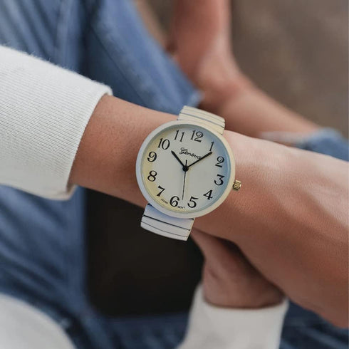 Geneva Super Large Stretch Watch Clear Number Easy Read (White)...