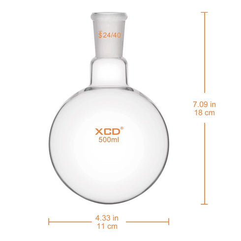 XCD Glass Flask, Single Neck Borosilicate Glass Round Bottom Flask RBF Heavy Wall Lab Boiling Flask with 24/40 Standard Taper Outer Joint, 500 ml...