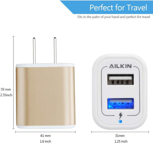 USB Power Adapter, Wall Plug, Ailkin 2-Pack 5V/2.1A Fast Charging Cell Phone Cube Home/Travel Wall Charger Block Box Brick Base for Phone XS/XR/10...