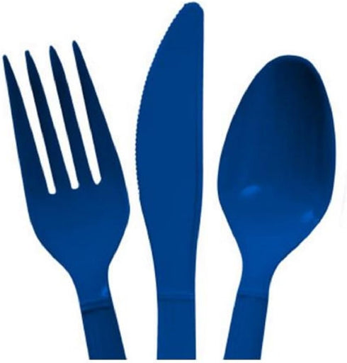 Blue Heavy Duty Plastic Cutlery Sets - 32 Spoons, 32 Forks, 32 Knives - 2 packs of 48 each, 96 pcs total...