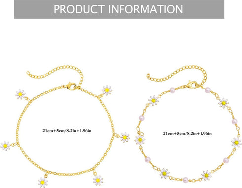 Bohemian Daisy Flowers Anklet for Women,Adjustable Layered Beach Foot Chain Pearl Ankle Bracelets Dainty Foot Jewelry Gifts...