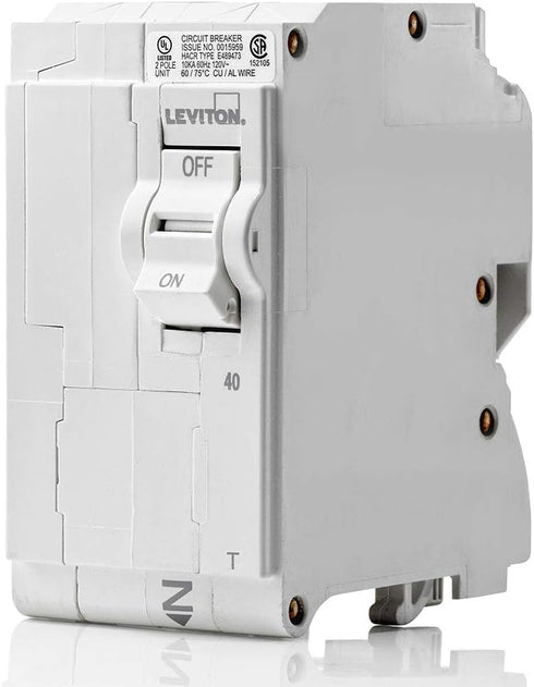 Leviton LB240-T 40A 2-Pole Plug-On Standard Branch Circuit Breaker, Thermal Magnetic, 120/240 VAC, White...