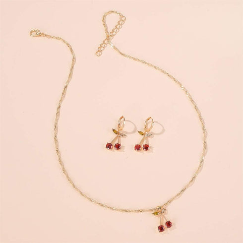 Pingyongchang Unique Chic Charm Sparkly Red Crystals Cherry Statement Earrings Necklace Sets Green Leaf Red Rhinestones Fruit Cherry Dangle Earrin...