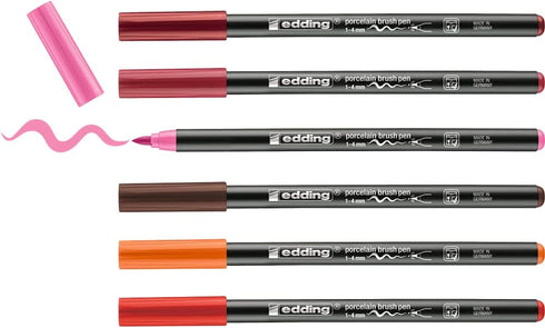 edding 4200 porcelain brush pen - 3x red, orange, brown, pink - 6 pens - brush nib 1-4 mm - felt-nib pen for painting and decorating ceramics, por...