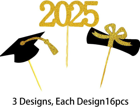 2025 Graduation Cupcake Toppers, 48 PCS Food/Appetizer Picks For Graduation Party Mini Cake Decorations, Diploma, 2025, Grad Cap Set 48 Pieces (01...