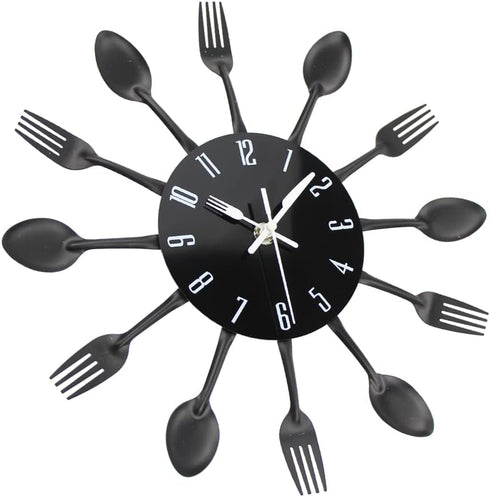 Timelike Kitchen Wall Clock, 3D Removable Modern Creative Cutlery Kitchen Spoon Fork Wall Clock Mirror Wall Decal Wall Sticker Room Home Decoratio...