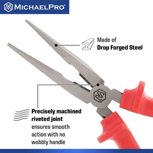 MichaelPro 8-Inch Insulated Long Needle Nose Plier, 1000V VDE Certified, for Electric Vehicles, Jaws Hardness HRC58 to 62, Two-Toned Anti-Slip Han...