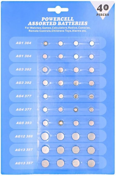 Cotchear 40pcs Alkaline Cell Batteries Assorted 1.5 Volt AG1/LR621 AG3/LR41 AG4/LR626 AG5/LR754 AG12/LR43 AG13/LR44 Coin Batteries Set 0% Mercury...
